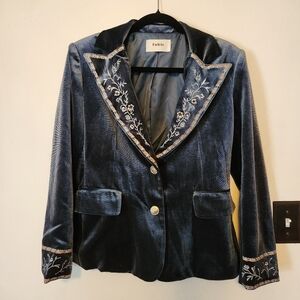 FuTario Blue Velvet Embroidered Blazer Size M
